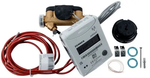 Wärmemengenzähler von Wolf mit Fernablesung, inklusive Sensor, Montagezubehör und Anschlusskabel, zur Erfassung des Wärmeverbrauchs in Heizungsanlagen.